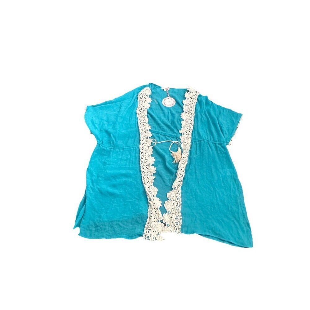 Umgee Women's Sz. M Teal Front Tie Swim Cover Up W/ Crochet Details NWT